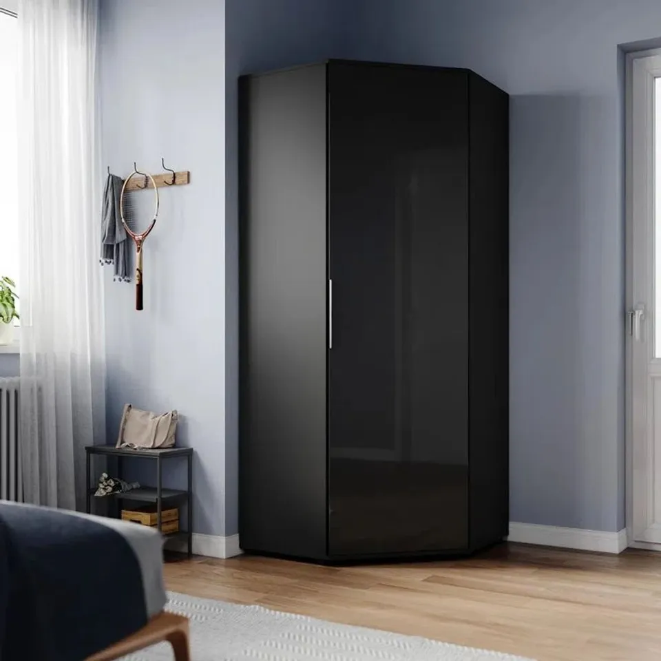 BOXED 186×80×80CM MODERN SIMPLE CORNER WARDROBE WITH HIGH LIGHT UV DOOR PANEL,SOLID WOOD STYLE (2 BOXES)