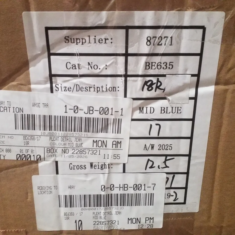 BOX CONTAINING APPROXIMATELY 10 BRAND NEW SIMPLY BE MID BLUE PLEAT DETAIL WIDE LEG JEANS - SIZE 18R