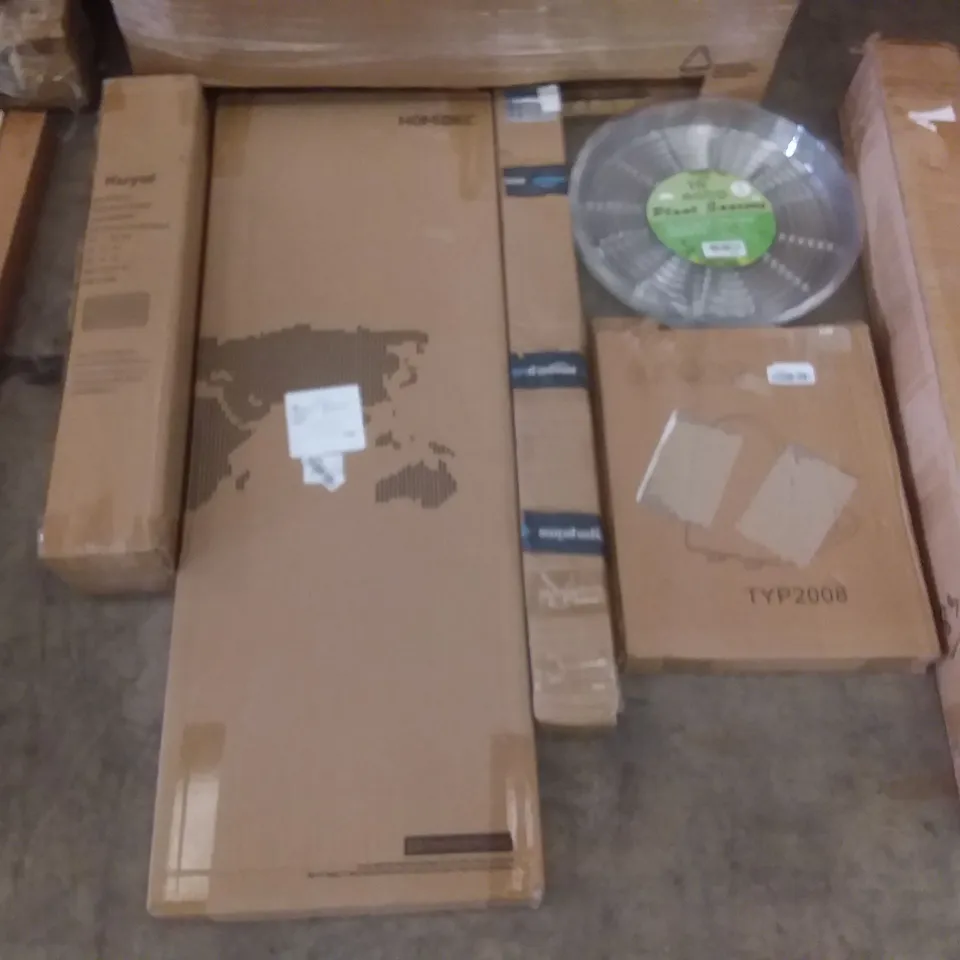 PALLET OF ASSORTED ITEMS INCLUDING TOWEL SHELF BATHROOM ACCESSORIES, KUYAL CHAIR MAT FOR CARPET, HOMIDEC, SUNDEE TOILET SEAT, AOBP  PLANT SAUCERS, PREMIUM KING AIR BED