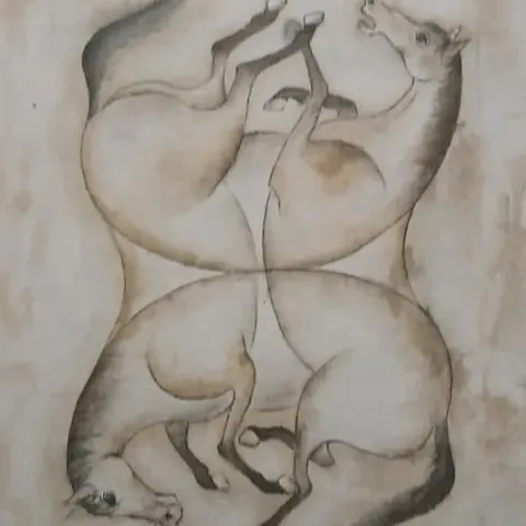 FOUR INTERLACED HORSES INSPIRED BY SAFAVID PERIOD, IRAN, PIECE FROM THE EARLY 17TH CENTURY PRINT ON CANVAS– SIGNED YIN 