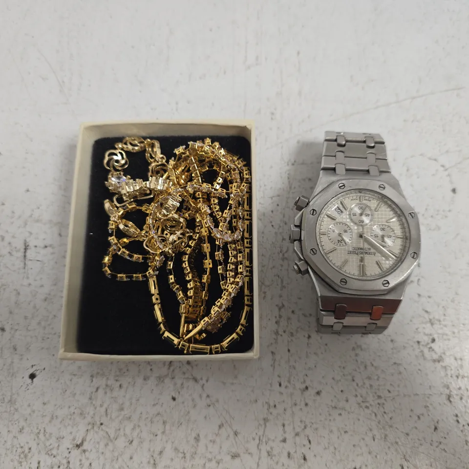 APPROXIMATELY 10 ASSORTED JEWELLERY ITEMS TO INCLUDE RINGS, WATCHES, AND CHAINS, ETC