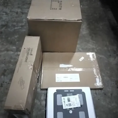 PALLET OF HOUSEHOLD ITEMS TO INCLUDE SCALES,CEILING LIGHT, 3PCS PICTURE FRAME SET,GLASS CHANDELIER AND OTHER ASSORTED ITEMS...
