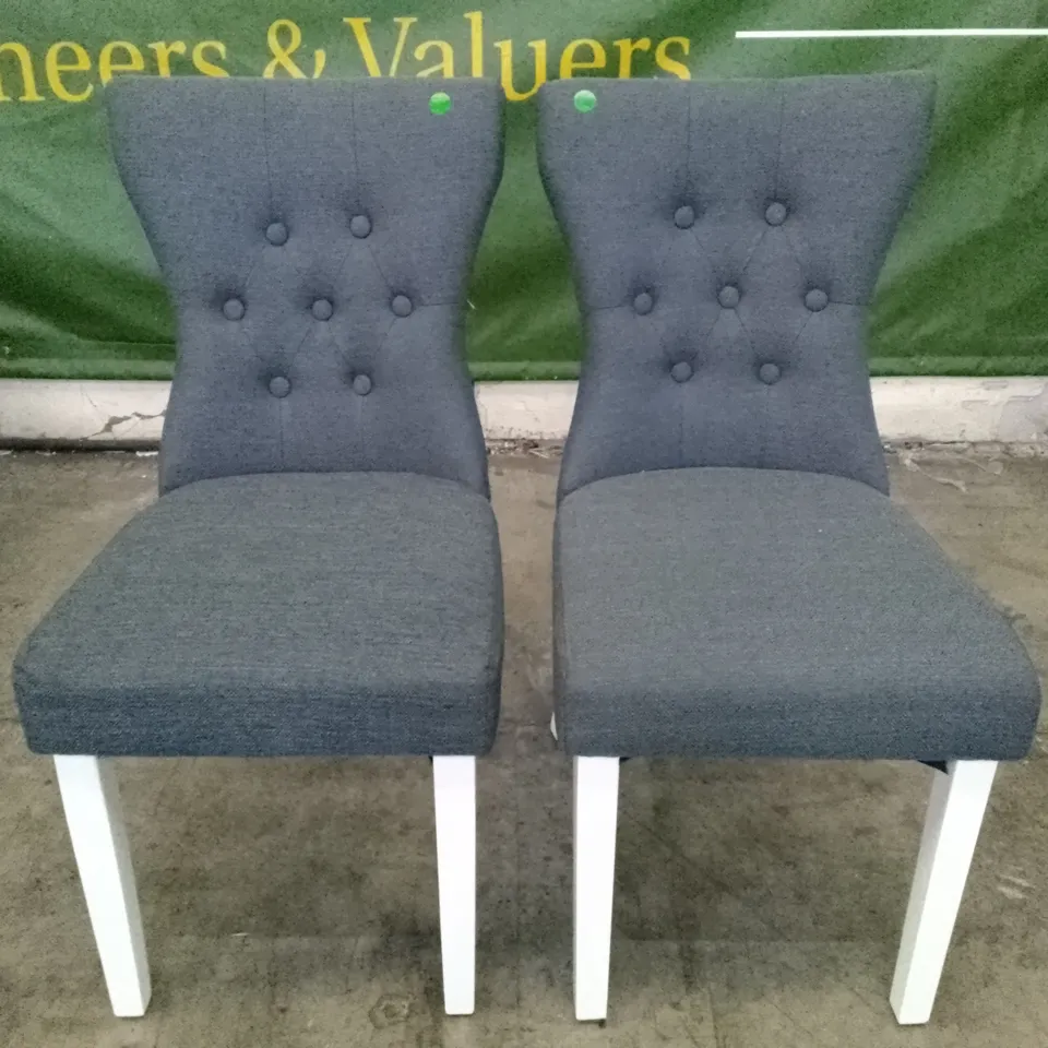 SET OF 2 NEW BEWLEY SLATE FABRIC BUTTON BACK DINING CHAIR (WHITE LEG)