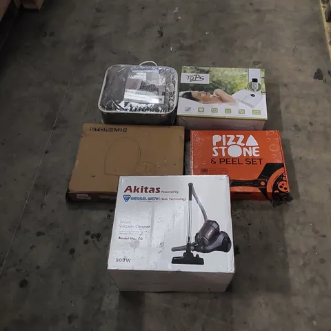 PALLET TO CONTAIN ASSORTED HOUSEHOLD ITEMS AND CONSUMER PRODUCTS. INCLUDING TOILET SEAT, VACUUM CLEANER, PIZZA STONE AND PEEL SET, ELECTRIC BLANKET ETC