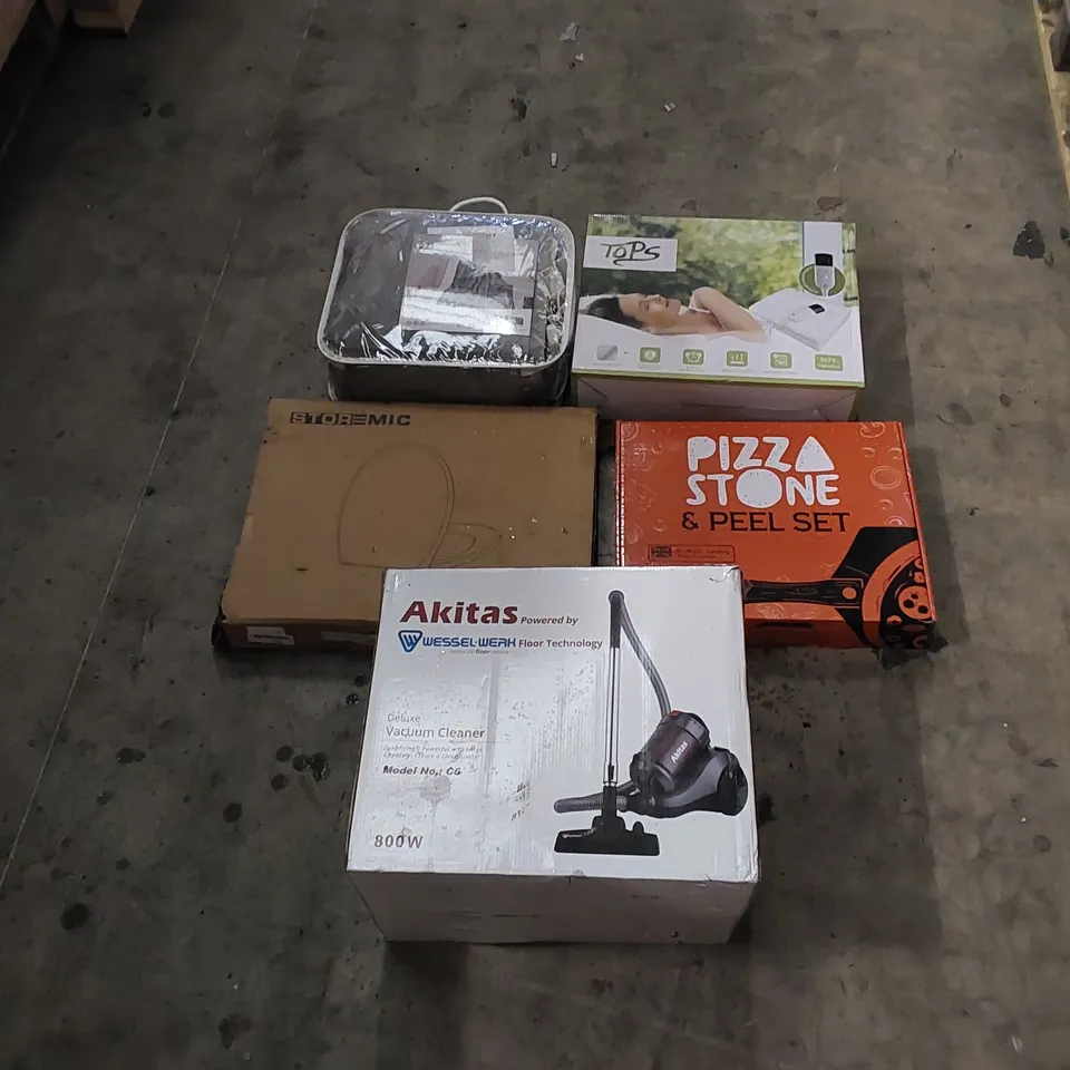 PALLET TO CONTAIN ASSORTED HOUSEHOLD ITEMS AND CONSUMER PRODUCTS. INCLUDING TOILET SEAT, VACUUM CLEANER, PIZZA STONE AND PEEL SET, ELECTRIC BLANKET ETC