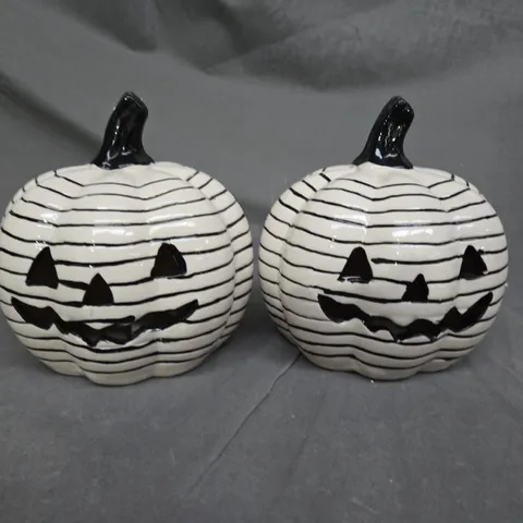 SET OF 2 STRIPE CERAMIC LIGHT UP PUMPKINS 