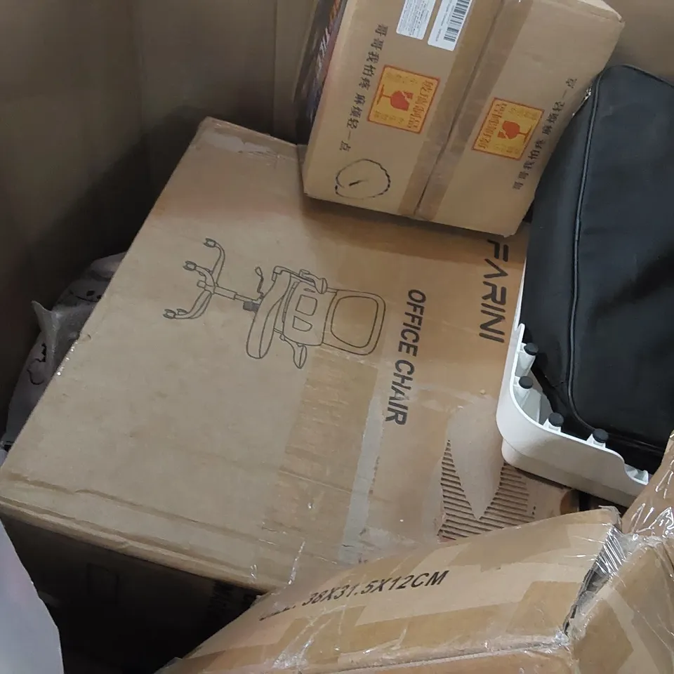 PALLET OF ASSORTED CONSUMER PRODUCTS TO INCLUDE: GARDEN TROLLEY, OFFICE CHAIR, FOOT MASSAGER, LAPTOP DESK, TV MOUNT, HOLLYWOOD MIRROR ECT