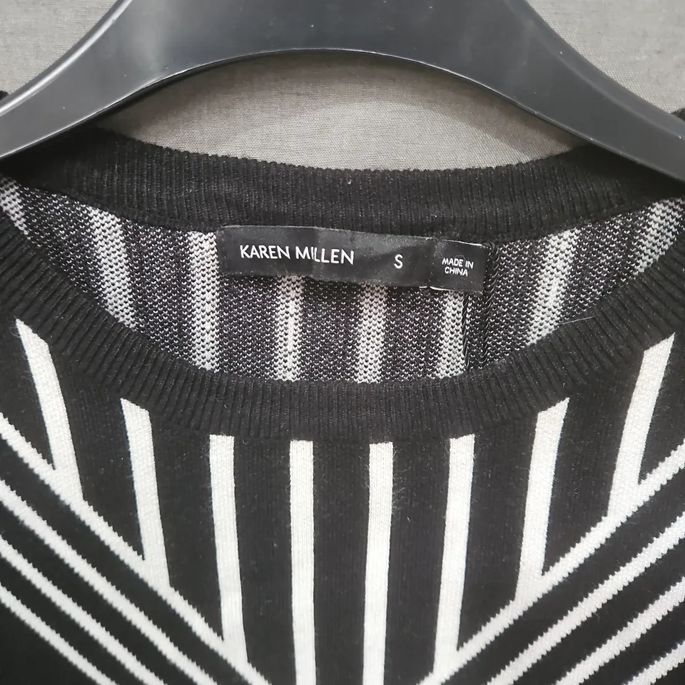 KAREN MILLEN WOMEN'S KNIT DRESS – BLACK WITH WHITE GEOMETRIC PATTERN, SIZE S