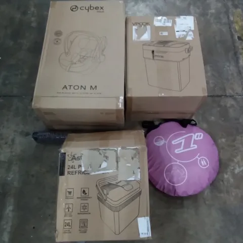 PALLET OF ASSORTED ITEMS INCLUDING CYBEX GOLD ATON M BABY CAR SEAT, ASTROAI 24L PORTABLE REFRIGERATOR, POP UP TENT, VPCOK ELECTRIC COOL BOX, DOMATS INDOOR MATS