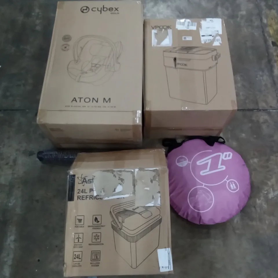 PALLET OF ASSORTED ITEMS INCLUDING CYBEX GOLD ATON M BABY CAR SEAT, ASTROAI 24L PORTABLE REFRIGERATOR, POP UP TENT, VPCOK ELECTRIC COOL BOX, DOMATS INDOOR MATS