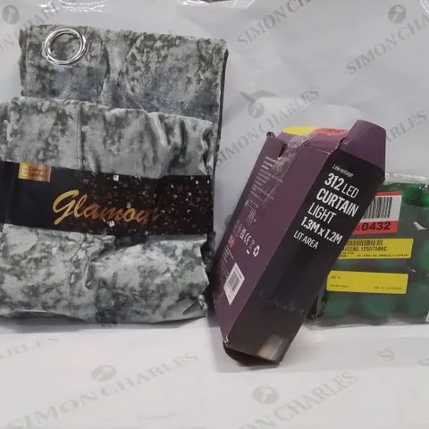 BOX OF APPROXIMATELY 10 ASSORTED ITEMS TO INCLUDE- CATHRINE LANSFIELD EYELET CURTAIN, 312 LED CURTAIN LIGHTS, BAUBLES ETC