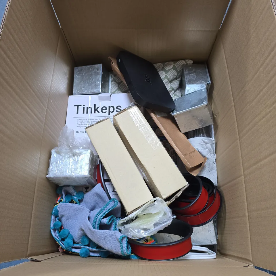 BOX OF APPROXIMATELY 20 ASSORTED HOUSEHOLD ITEMS INCLUDING ADAPTER BOX , SKY ROUTER AND PAPER FLOWER DECORATION 