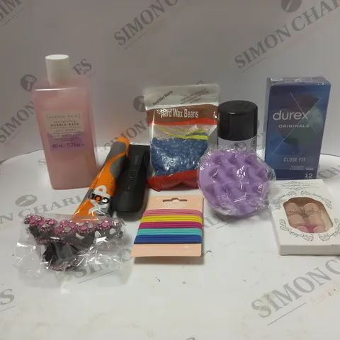 LOT OF ASSORTED COSMETIC ITEMS CONDOMS, HARD WAX BEANS AND BEARD TRIMMER