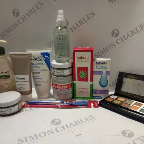BOX OF APPROX 10 ASSORTED BEAUTY PRODUCTS TO INCLUDE CERAVE MOISTURISING CREAM, SAHARA SINGLE BIBLE INTENSIVE OIL HAIR TREATMENT, ANASTASIA BEVERLY HILLS EYESHADOW PALETTE, ETC