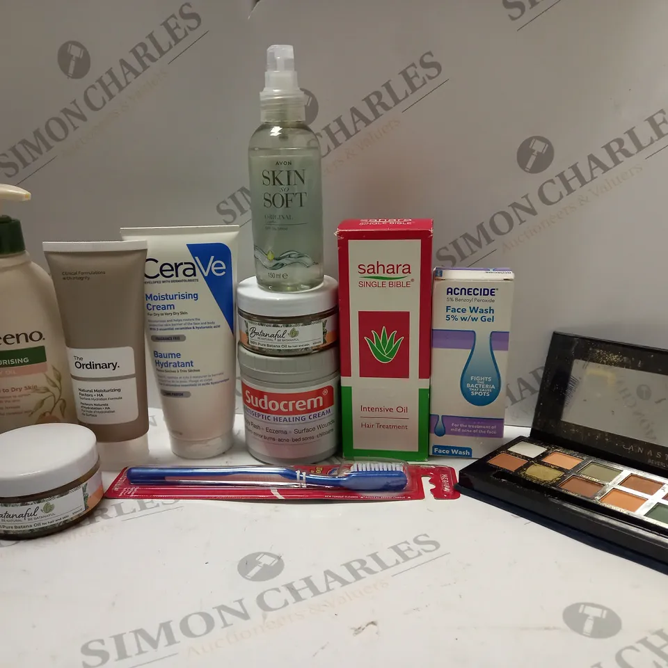 BOX OF APPROX 10 ASSORTED BEAUTY PRODUCTS TO INCLUDE CERAVE MOISTURISING CREAM, SAHARA SINGLE BIBLE INTENSIVE OIL HAIR TREATMENT, ANASTASIA BEVERLY HILLS EYESHADOW PALETTE, ETC 