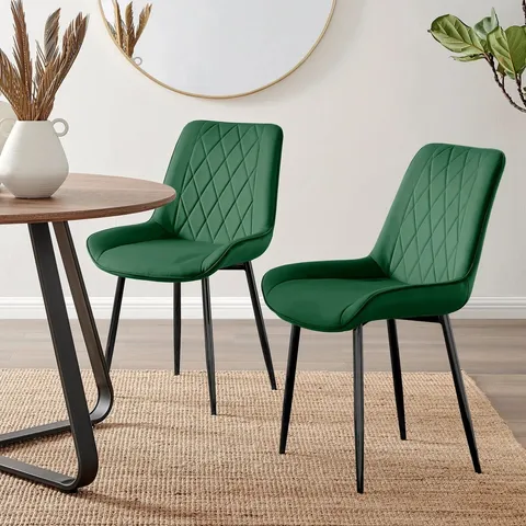 BOXED 2X PESARO GREEN VELVET DINING CHAIRS BLACK LEGS