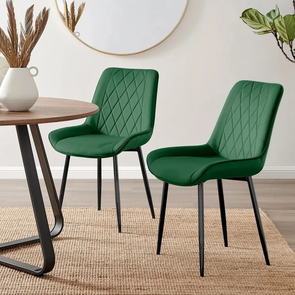 BOXED 2X PESARO GREEN VELVET DINING CHAIRS BLACK LEGS