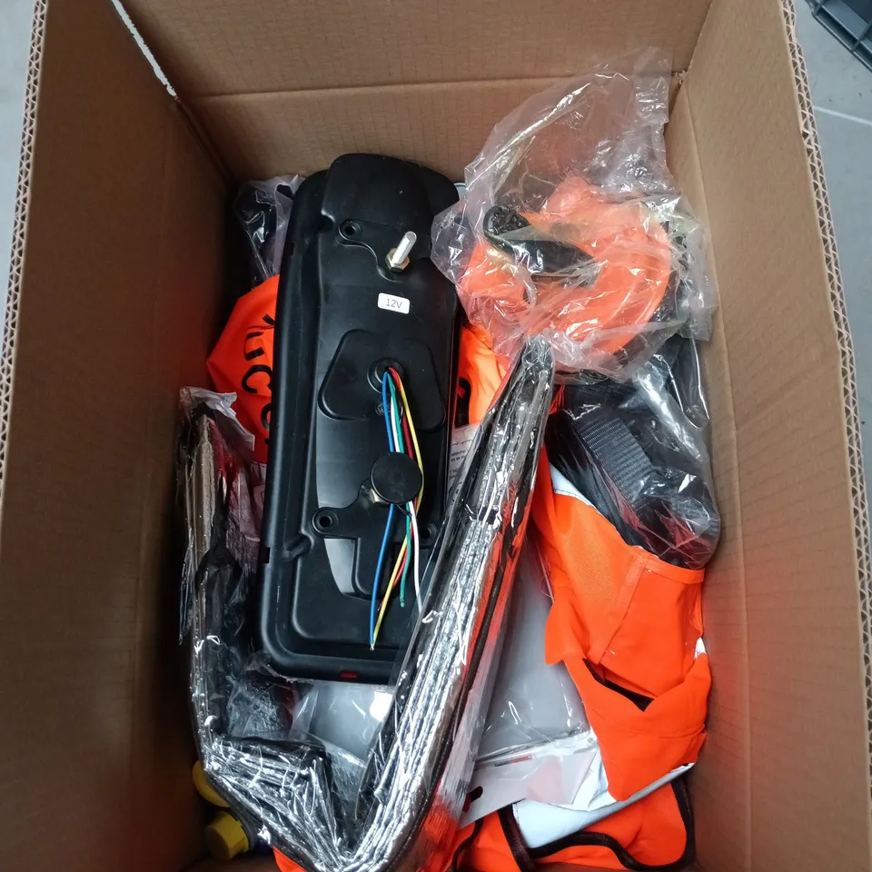 BOX OF APPROXIMATELY 15 ASSORTED AUTO RELATED ITEMS TO INCLUDE GOODYEAR SUN REFLECTOR, HI VIS JACKET, ROYAL PURPLE MAX BOOST, MOTORBIKE AND SCOOTER COVER ETC