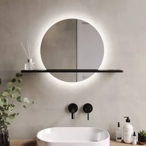 BOXED ROUND BACKLIT HEATED BATHROOM MIRROR WITH LIGHTS & BLACK SHELF 500MM - ERSA