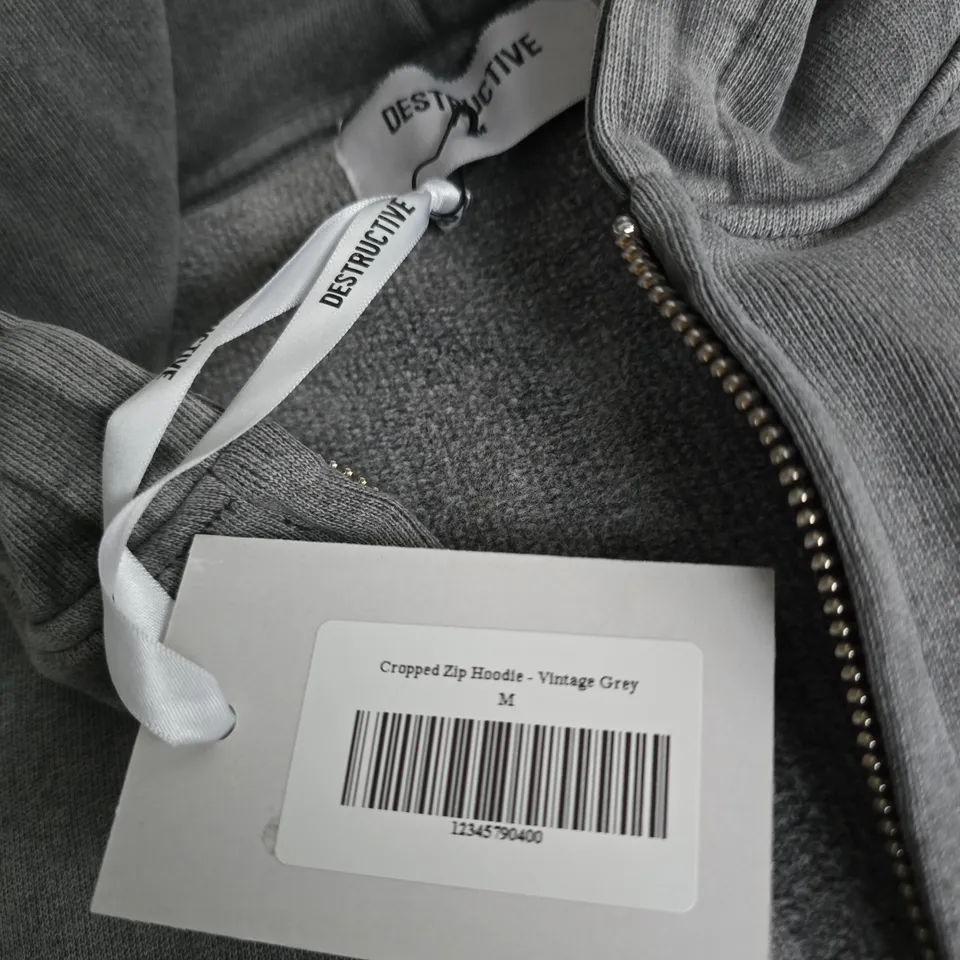 DESTRUCTIVE CROPPED ZIP HOODIE - VINTAGE GREY, SIZE M