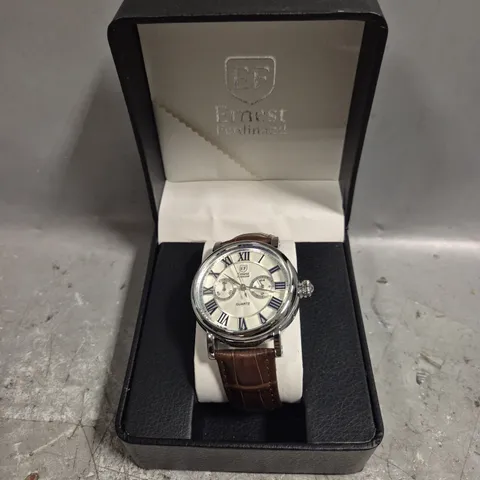 MENS ERNEST FERDINAND WATCH – FUNCTIONING SUB DIALS – LEATHER STRAP – GLASS EXHIBITION