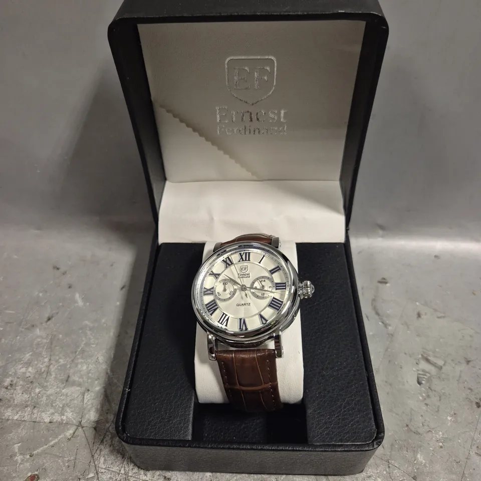 MENS ERNEST FERDINAND WATCH – FUNCTIONING SUB DIALS – LEATHER STRAP – GLASS EXHIBITION