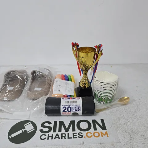 BOX OF APPROXIMATELY 15 ASSORTED ITEMS INCLUDING BRITISH MARKET 20 HEAVY DUTY REFUSE SACKS, A TROPHY ABD SOME EGGS AND SPOONS