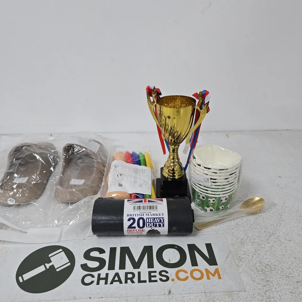 BOX OF APPROXIMATELY 15 ASSORTED ITEMS INCLUDING BRITISH MARKET 20 HEAVY DUTY REFUSE SACKS, A TROPHY ABD SOME EGGS AND SPOONS