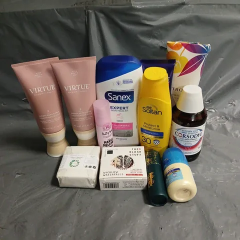 APPROXIMATELY 20 ASSORTED HEALTH & BEAUTY PRODUCTS TO INCLUDE VIRTUE CONDITIONER, NYX MARSHMELLOW PRIMER, THE BLACK STUFF SOAP, ETC