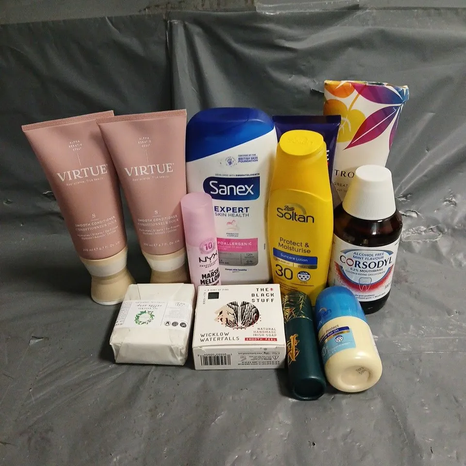 APPROXIMATELY 20 ASSORTED HEALTH & BEAUTY PRODUCTS TO INCLUDE VIRTUE CONDITIONER, NYX MARSHMELLOW PRIMER, THE BLACK STUFF SOAP, ETC