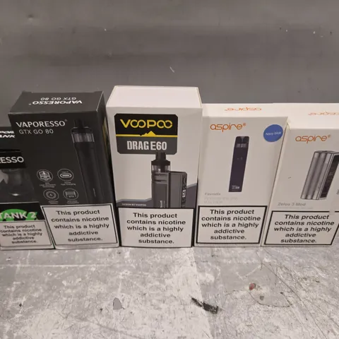 BOX OF APPROXIMATELY 18 ASSORTED E-CIGARATTES TO INCLUDE ASPIRE, VOOPOO, VAPORESSO ETC