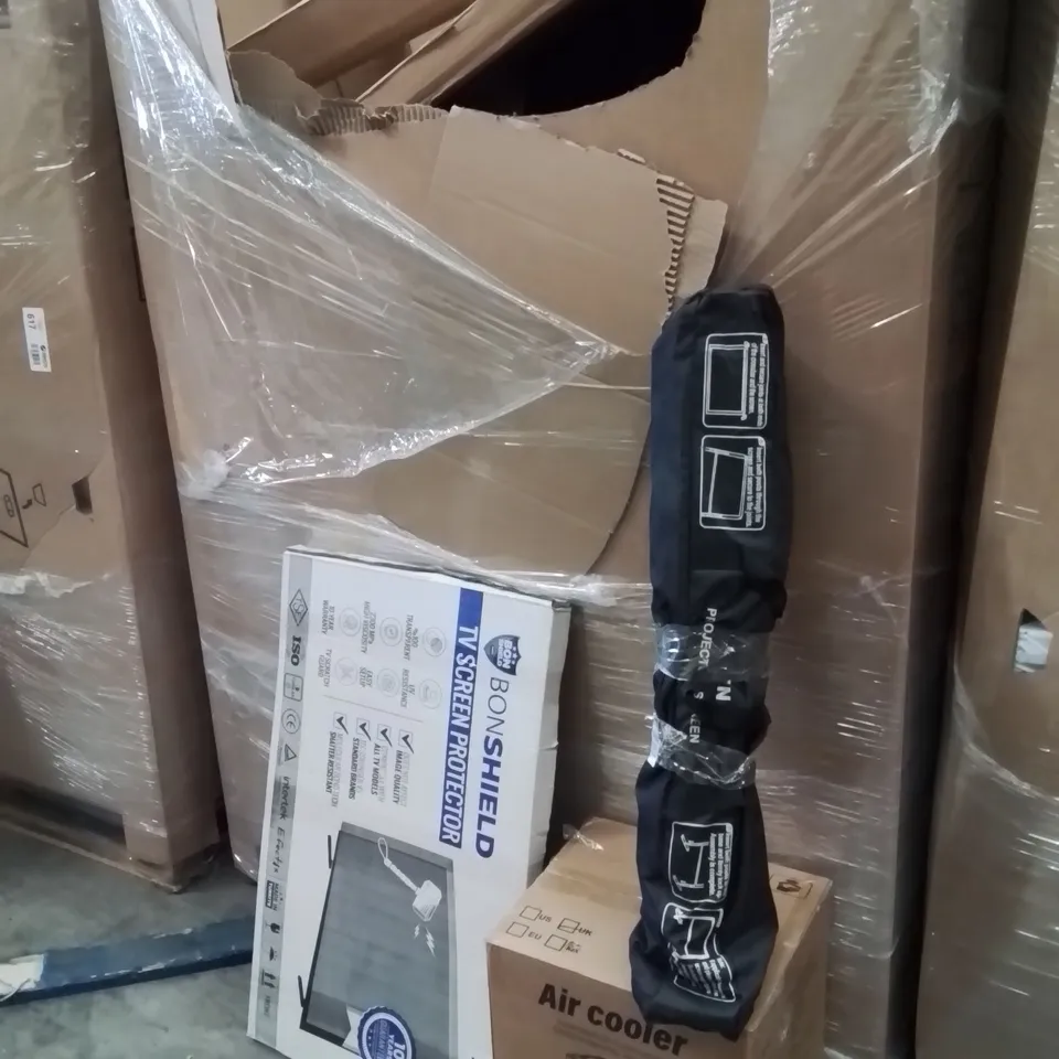 PALLET OF ASSORTED HOUSEHOLD GOODS AND PRODUCTS TO INCLUDE;TV SCREEN PROTECTOR,AIR COOLER,PROTECTOR SCREEN 