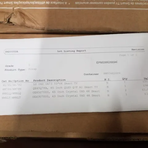 PALLET OF FIVE ASSORTED WAREHOUSE DAMAGED TV'S TO INCLUDE;
