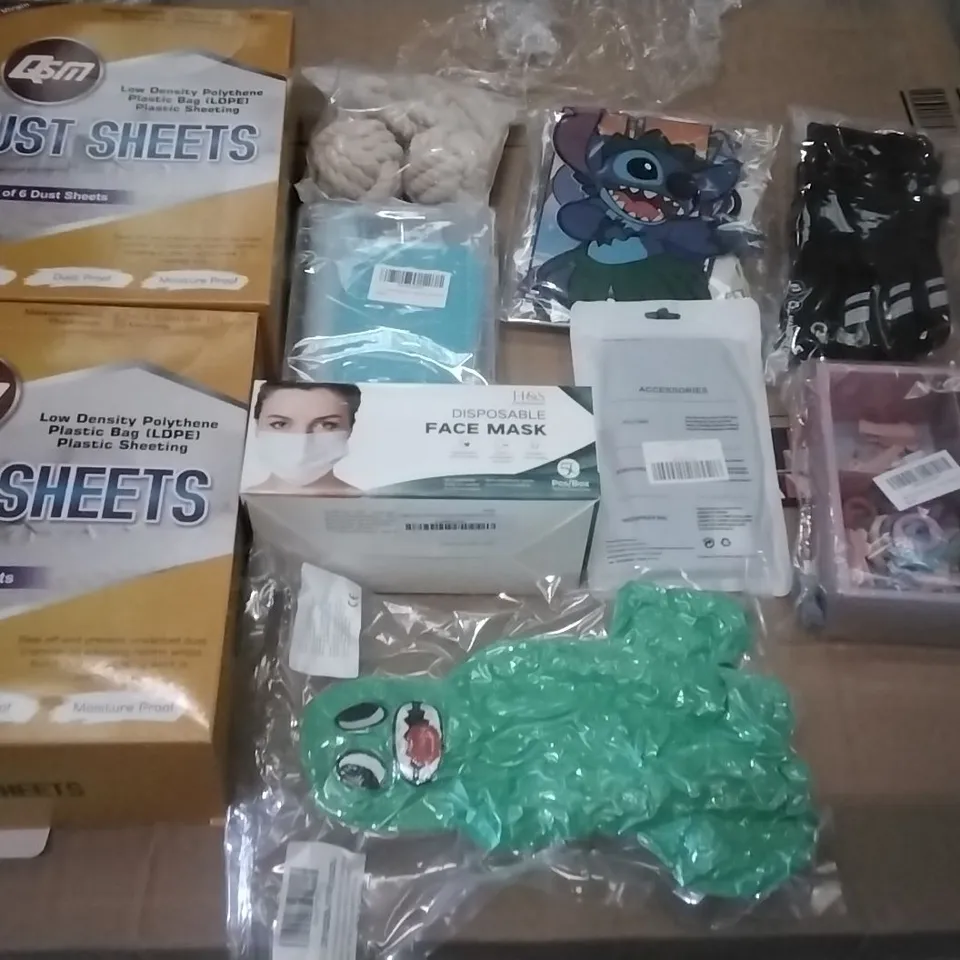PALLET OF ASSORTED ITEMS INCLUDING DUST SHEETS, DISPOSABLE FACE MASKS, PHONE CASE, 74PCS COLOUR ELASTIC HAIR BAND SET, CYCLING GLOVES, STITCH BALLOONS