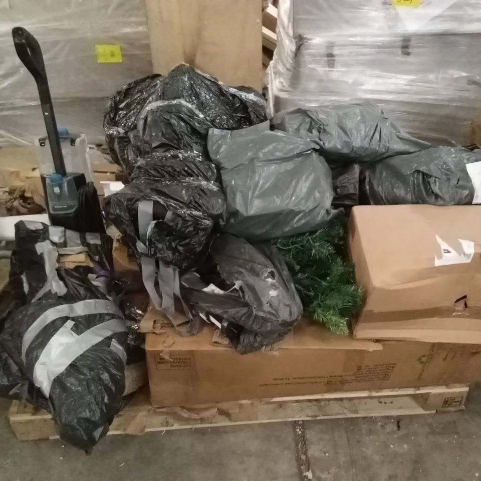 PALLET OF ASSORTED INCOMPLETE VACUUM CLEANER, PRAM, ACCESSORIES, CHRISTMAS TREE PARTS AND PIECES