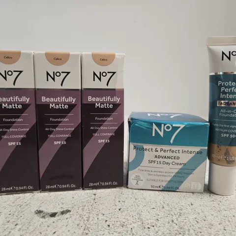 5 ASSORTED NO7 PRODUCTS TO INCLUDE BEAUTIFULLY MATTE FOUNDATION, ADVANCED DAY CREAM, ALL-IN-ONE FOUNDATION