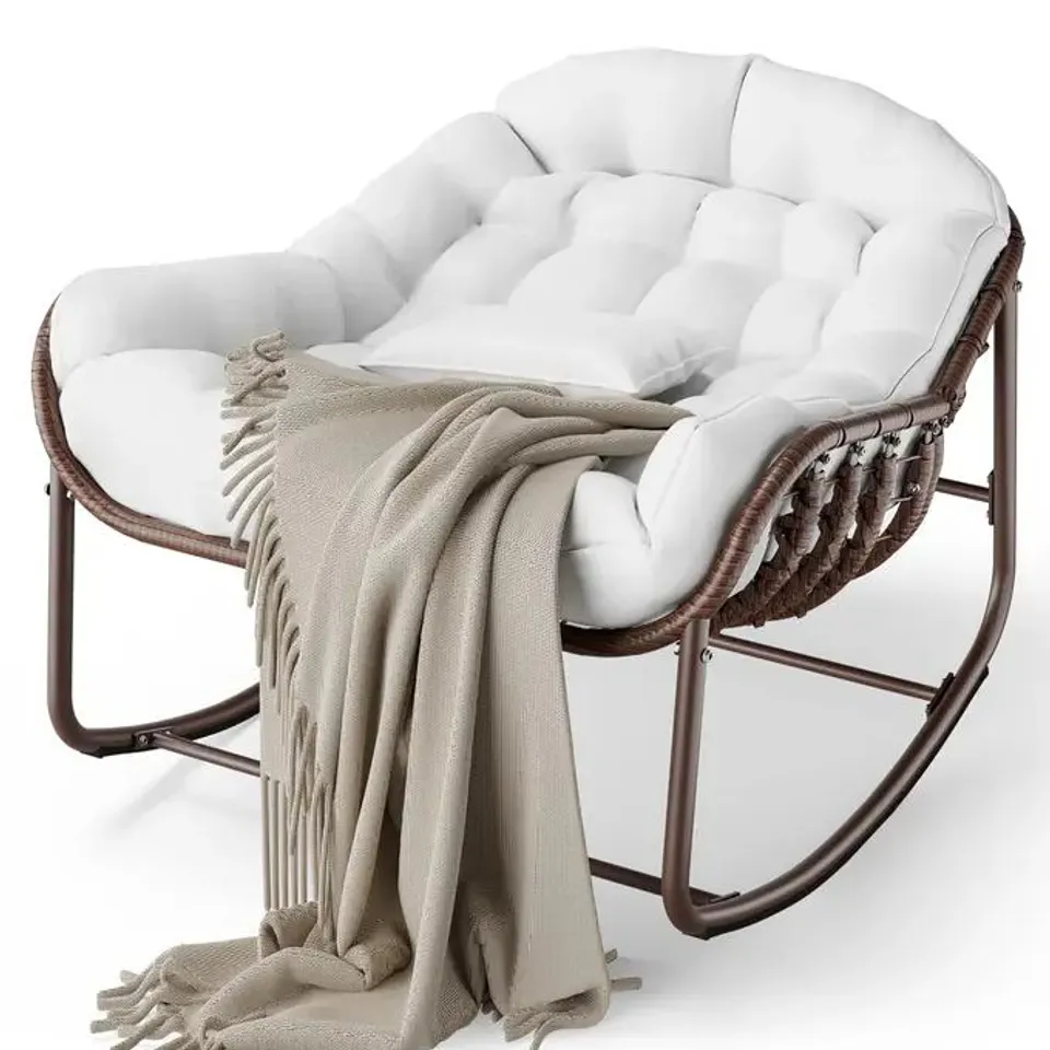 BOXED GARVEE OVERSIZED PAPASAN HANGING SWING CHAIR, OFF-WHITE WICKER EGG CHAIR WITH THICK CUSHION, ALL-WEATHER PE RATTAN SWING FOR GARDEN, PATIO AND BALCONY, 97 X 57 X 29 CM