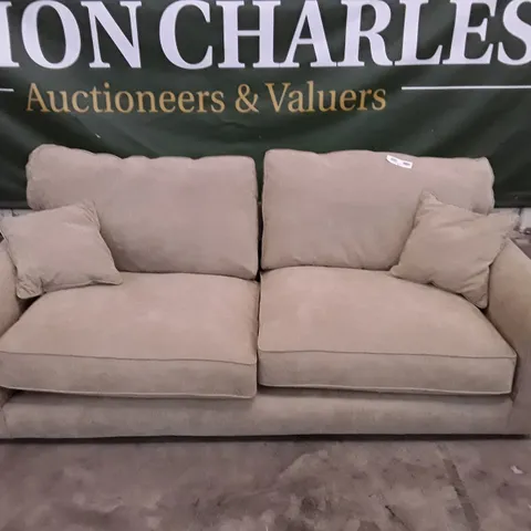 QUALITY DESIGNER WILLIAM HIGH BACK 3 SEATER SOFA - TAN FABRIC