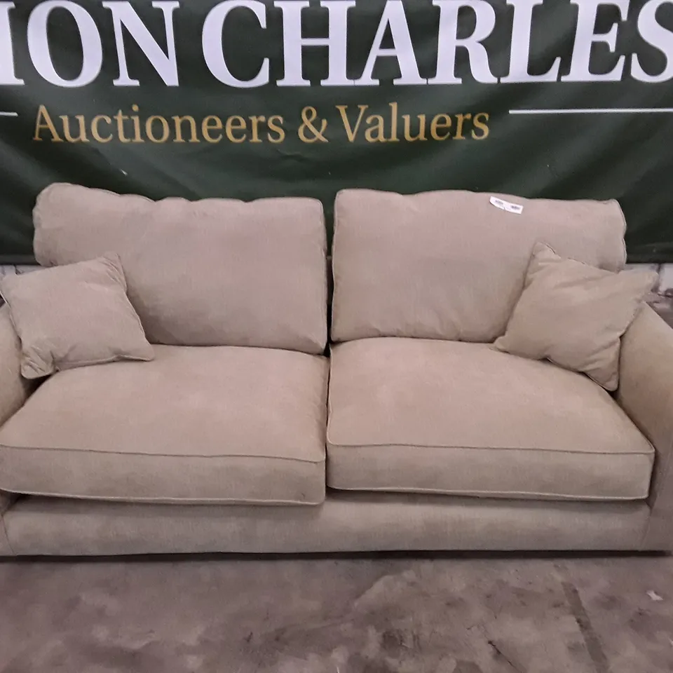 QUALITY DESIGNER WILLIAM HIGH BACK 3 SEATER SOFA - TAN FABRIC