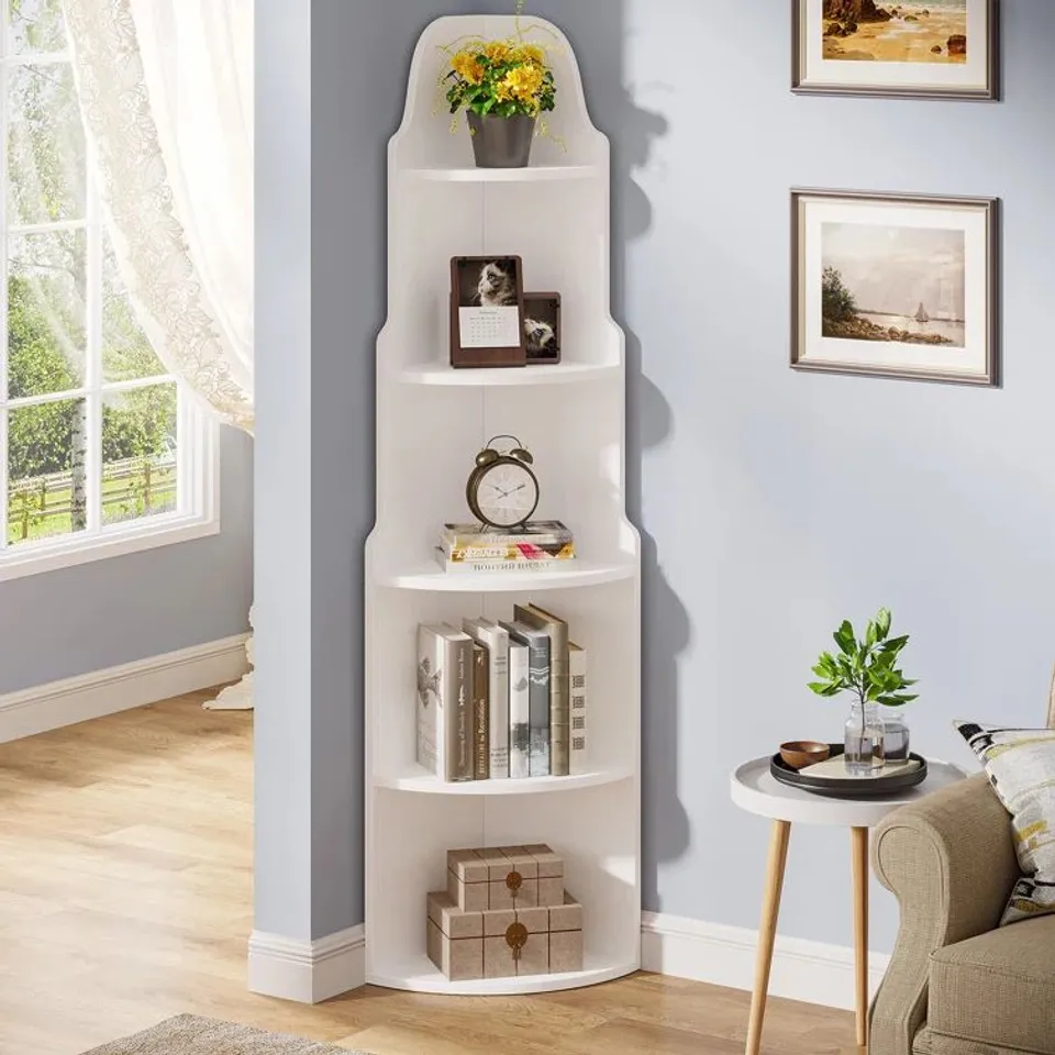 BOXED CARPENTRAS 5-TIER CORNER SHELF, 175 H X 35 W BOOKCASE - MODERN WHITE (1 BOX)