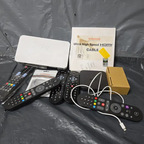APPROXIMATELY 12 ASSORTED HOUSEHOLD ITEMS TO INCLUDE SKY BOX, TV REMOTES, CABLES, ETC