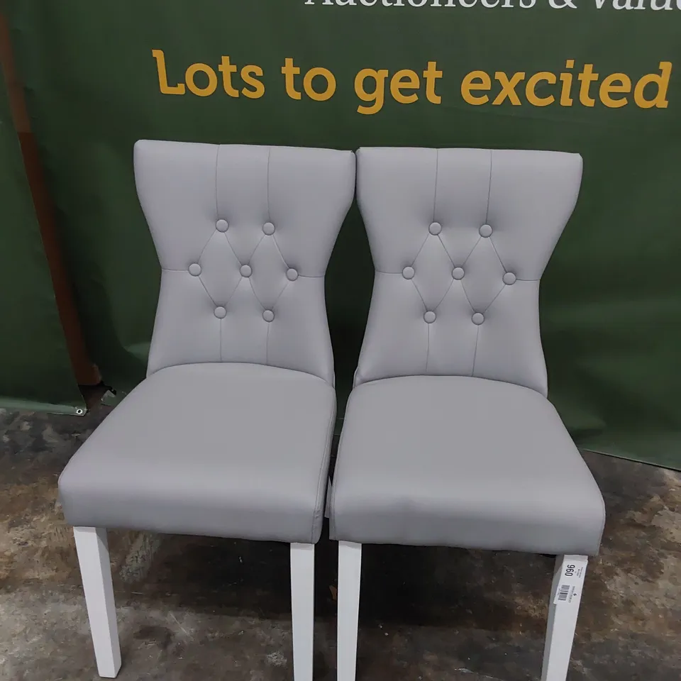 PAIR UPHOLSTERED BUTTONED BACK DINING CHAIRS GREY PU ON WHITE PAINTED LEGS 