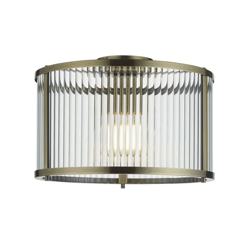 BOXED RIDGETON 1 LIGHT FLUSH ANTIQUE BRASS PLATE AND CLEAR RIBBED GLASS