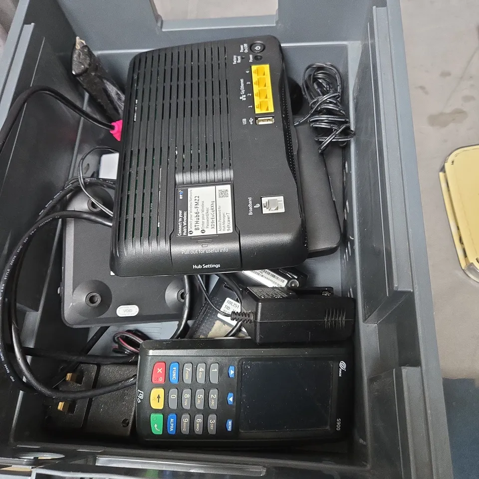 BOX OF APPROXIMATELY 8 ASSORTED ELECTRICAL ITEMS INCLUDING POST OFFICE NET GEAR , ALARM CLOCK AND AMAZON REMOTE CONTROLLER 