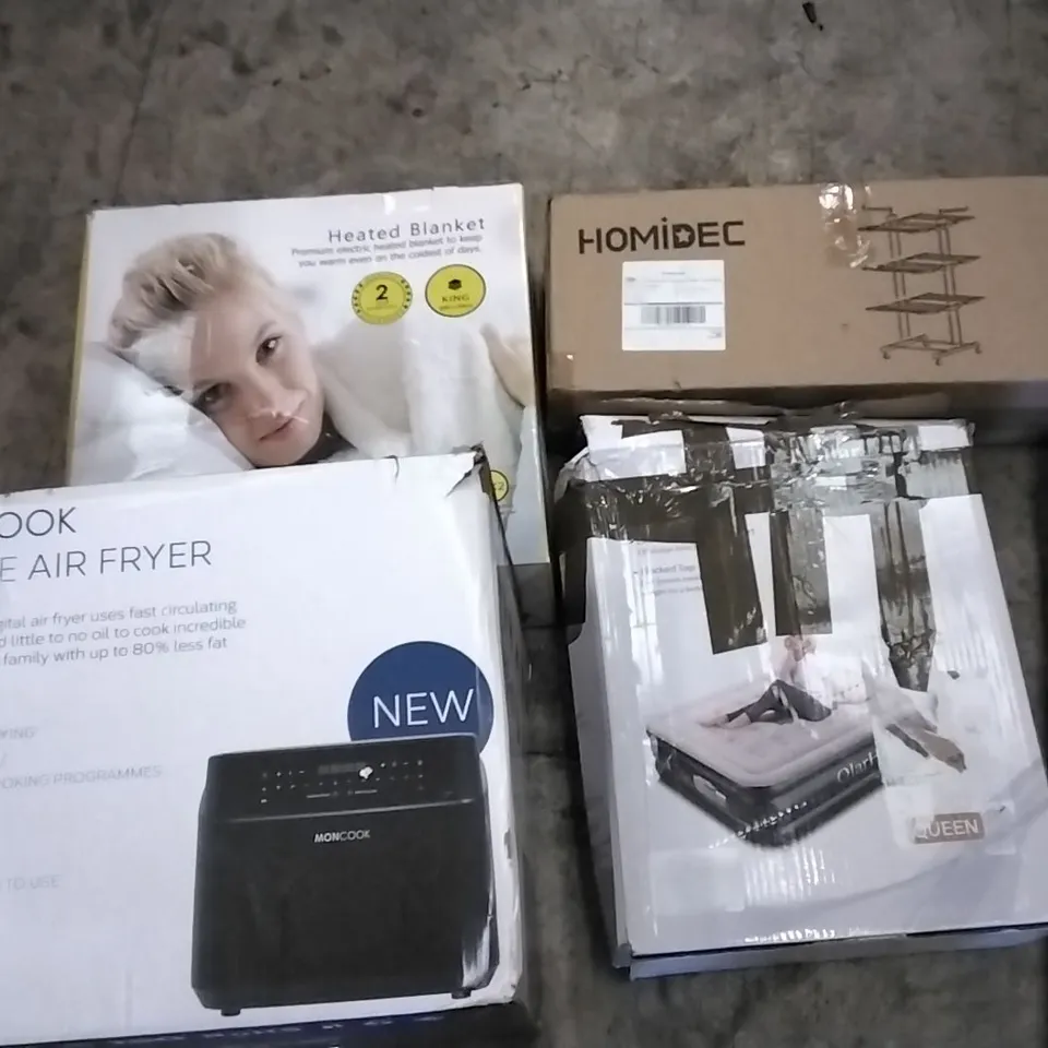 PALLET OF UNPROCESSED ITEMS TO INCLUDE HEATED BLANKET, AIR MATTRESS, AND DOUBLE AIR FRYER