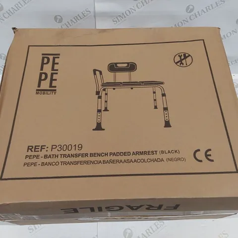 BOXED PEPE MOBILITY BATH TRANSFER BENCH WITH PADDED ARM REST - BLACK (1 BOX)