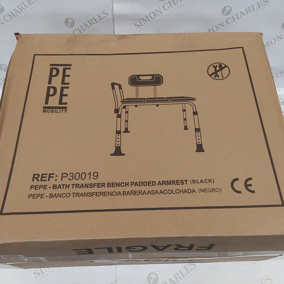 BOXED PEPE MOBILITY BATH TRANSFER BENCH WITH PADDED ARM REST - BLACK (1 BOX)
