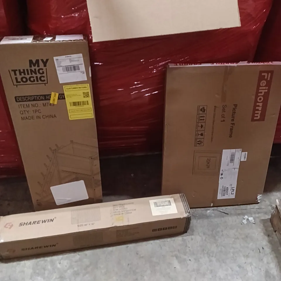 PALLET OF ASSORTED ITEMS INCLUDING - DESK CHAIR MAT, PICTURE FRAME, HOME GYM STORAGE