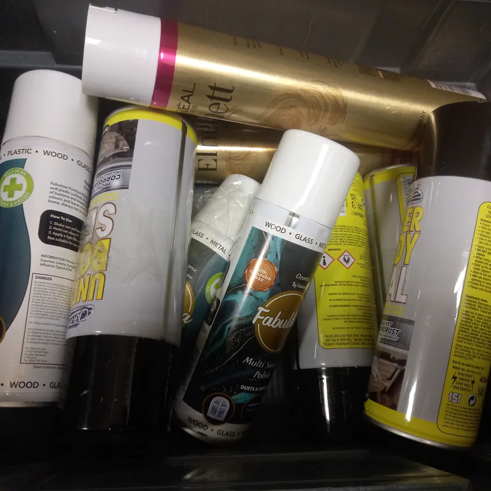 BOX OF APPROX 8 ASSORTED AEROSOLS TO INCLUDE - AR PRIDE UNDER BODY SEAL - LOREAL PARIS ELNETT HAIRSPRAY - FABULOSA MULTI SURFACE POLISH ECT
