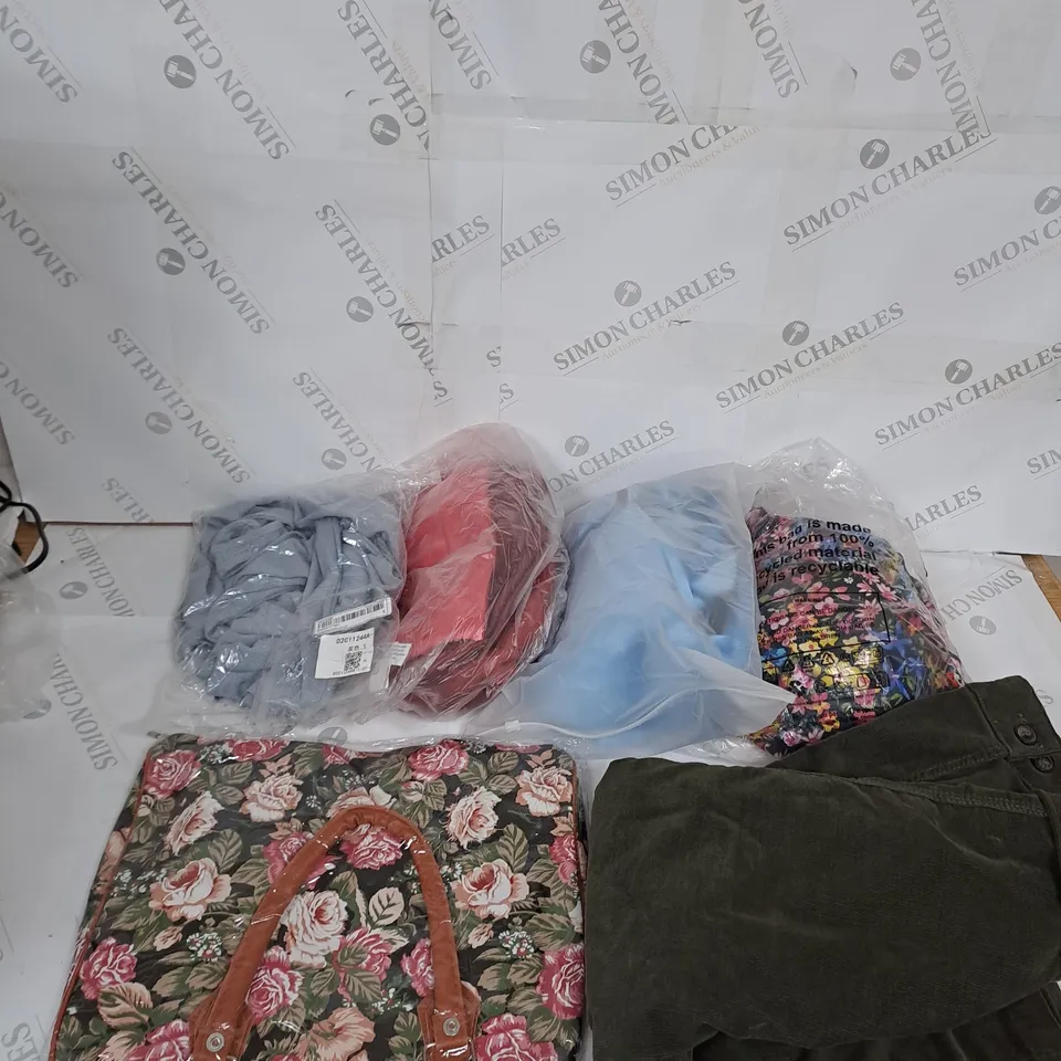 LARGE BOX OF ASSORTED CLOTHING ITEMS IN VARIOUS COLOURS AND SIZES INCLUDING TROUSERS , TOPS AND JUMPERS 